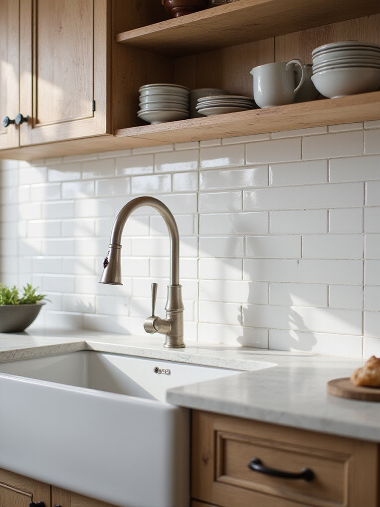 Professional photo of a kitchen with a subway tile backsplash and farmhouse sink.
