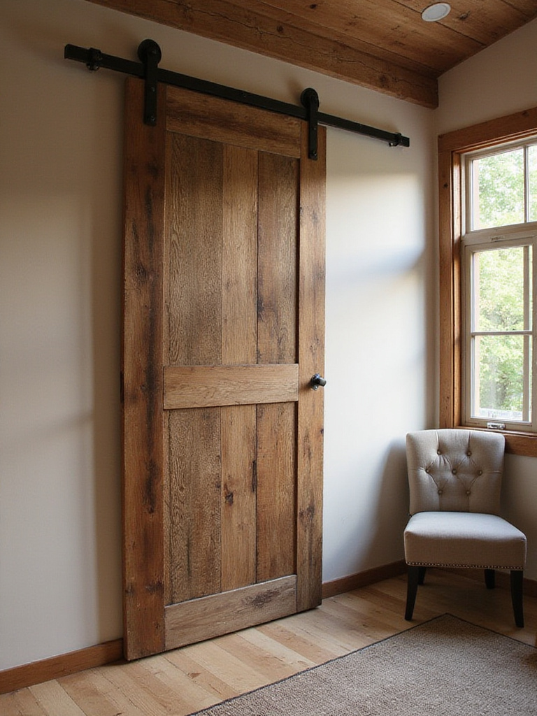 A rustic bedroom showcasing a sliding barn door made from reclaimed wood.