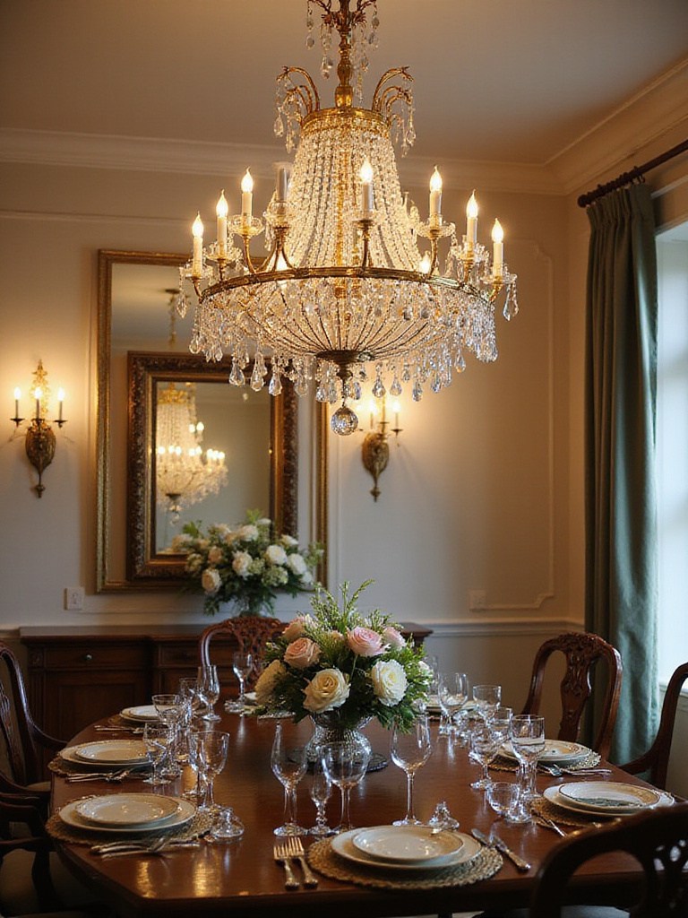A traditional dining room with a luxurious statement chandelier illuminating the space.