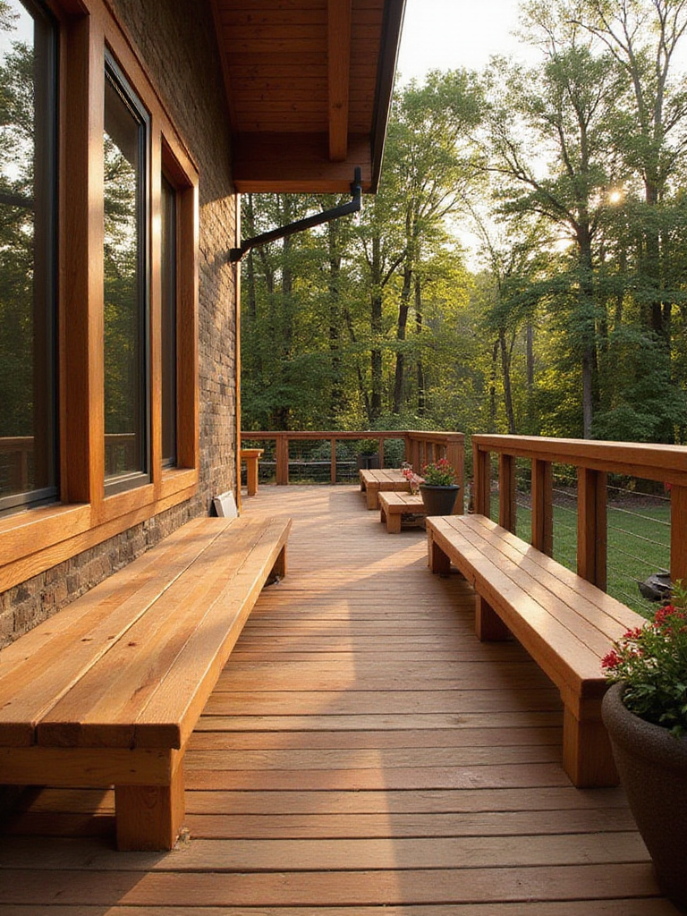 A deck featuring integrated built-in bench seating made of wood, enhancing outdoor space.