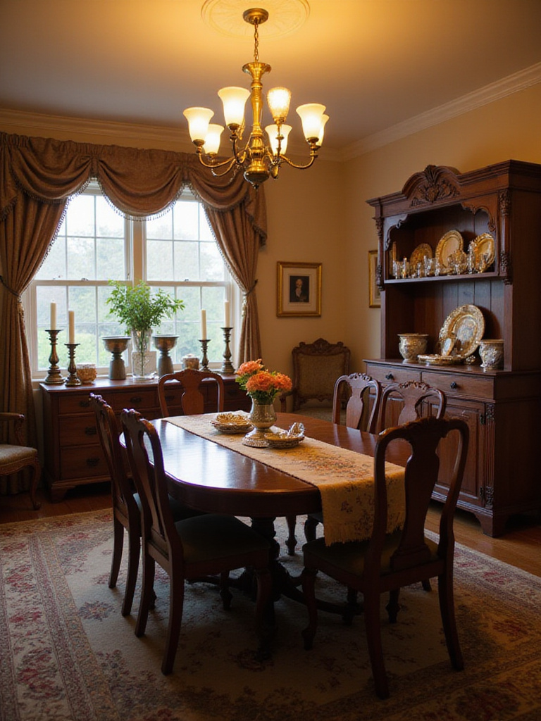 Traditional dining room with family heirlooms and warm lighting