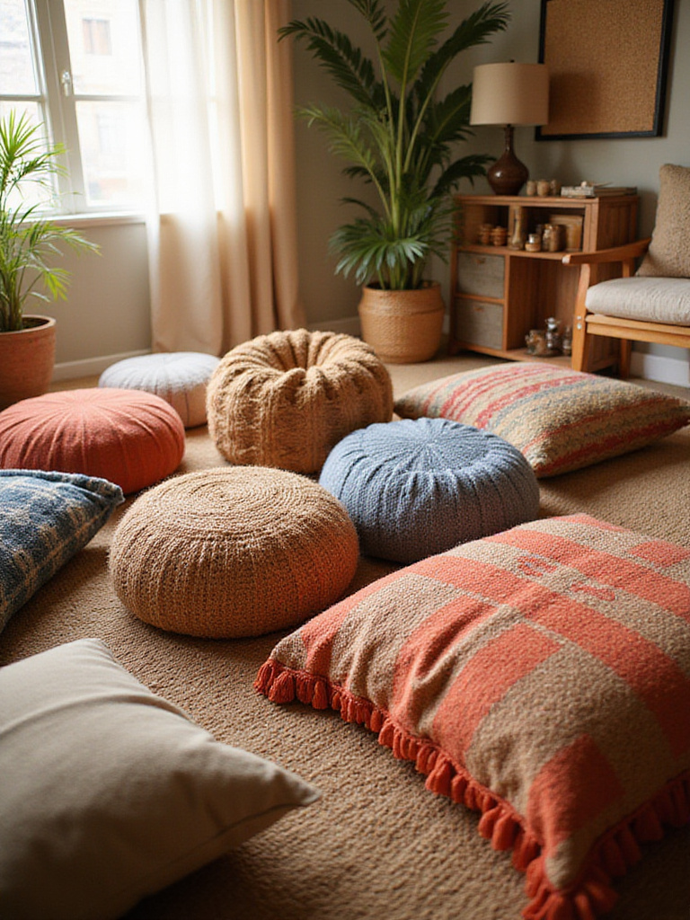 Cozy bohemian living room with floor cushions and poufs
