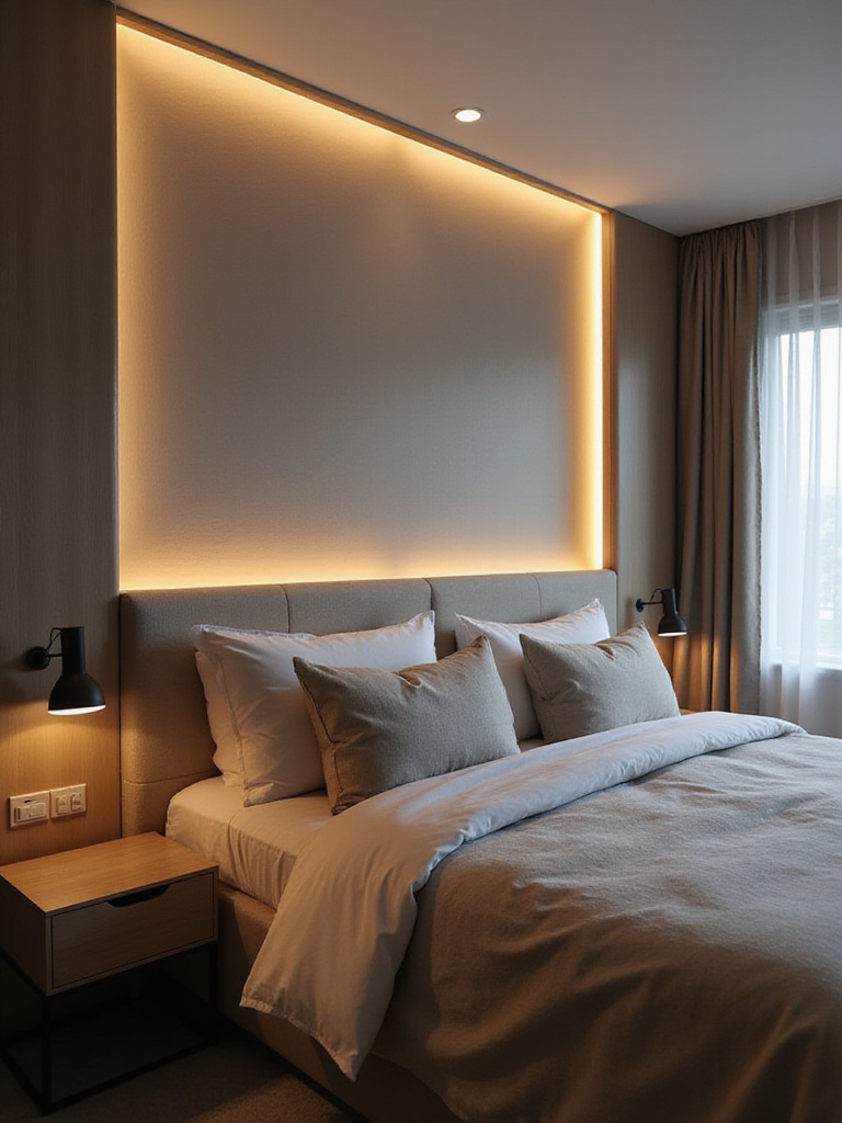 A modern bedroom featuring an integrated headboard with built-in lighting for reading.
