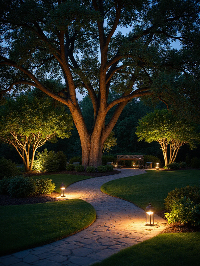 Elegant landscaped garden with integrated lighting at dusk, showcasing trees and a pathway.