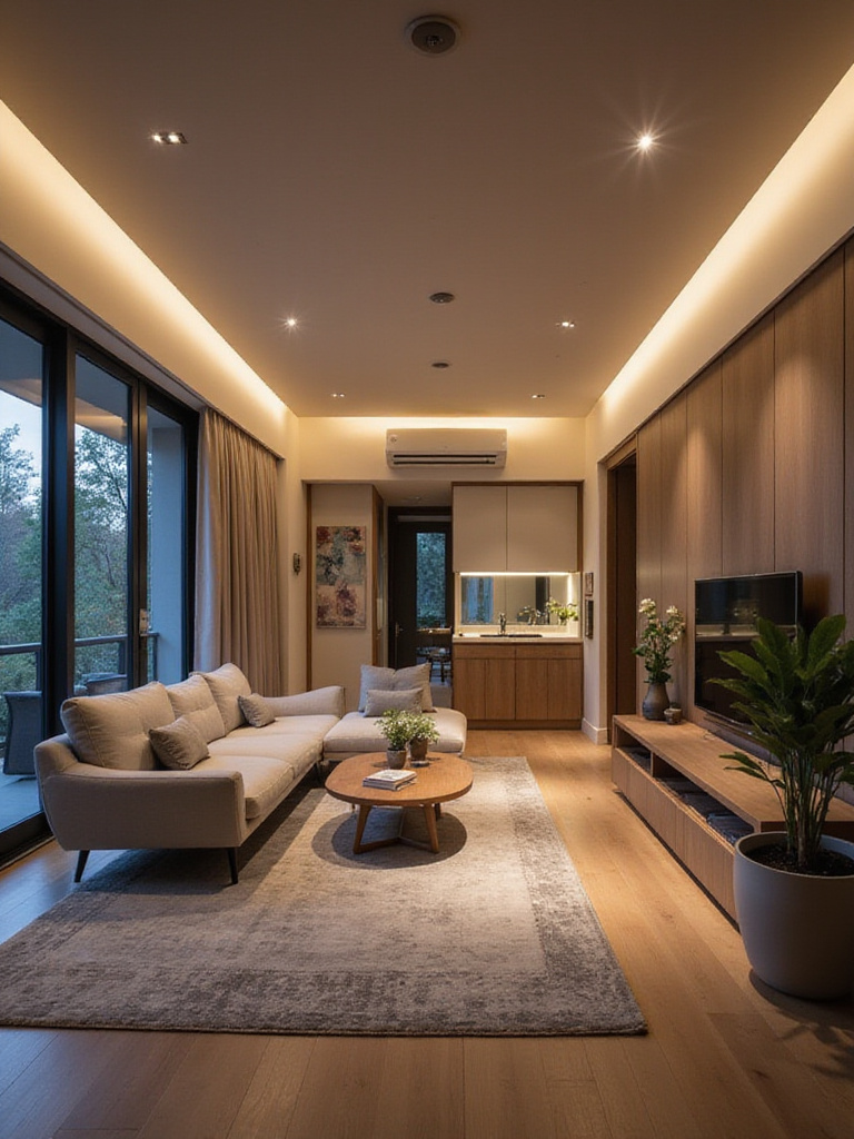A sleek living room with integrated recessed lights in the ceiling