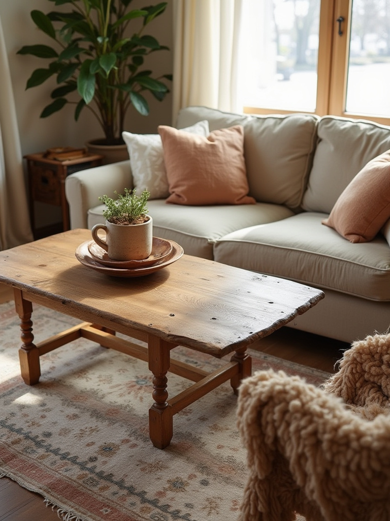 Cozy bohemian living room showcasing intentional imperfection with distressed furniture and warm lighting.