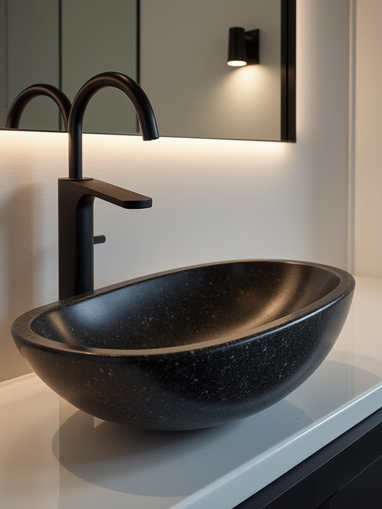 Modern powder room with a sculptural black granite sink as a focal point.