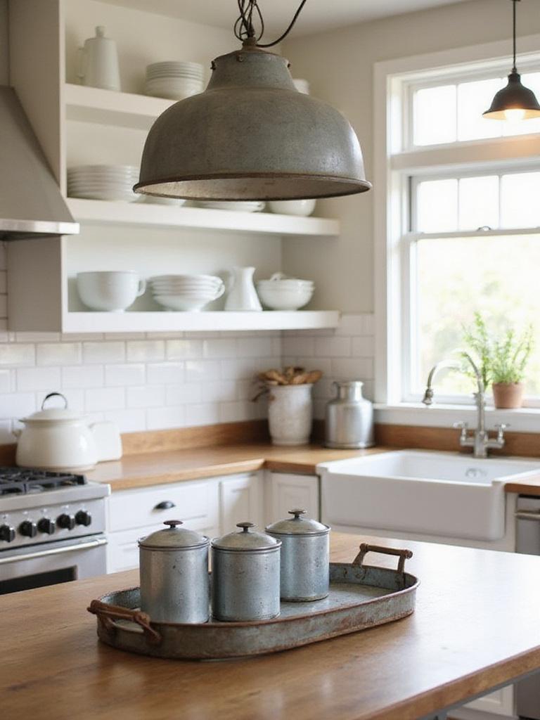 Farmhouse kitchen featuring galvanized metal accents with trays and pendant lights