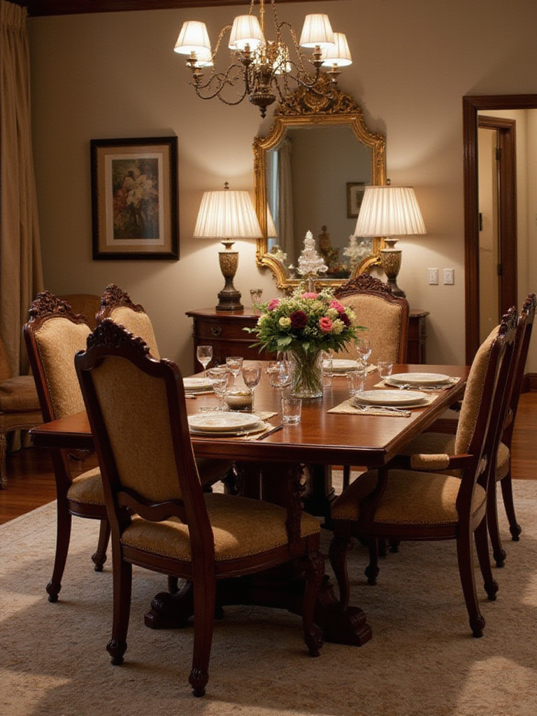 Traditional dining room featuring a solid mahogany dining table and elegant high-back chairs.
