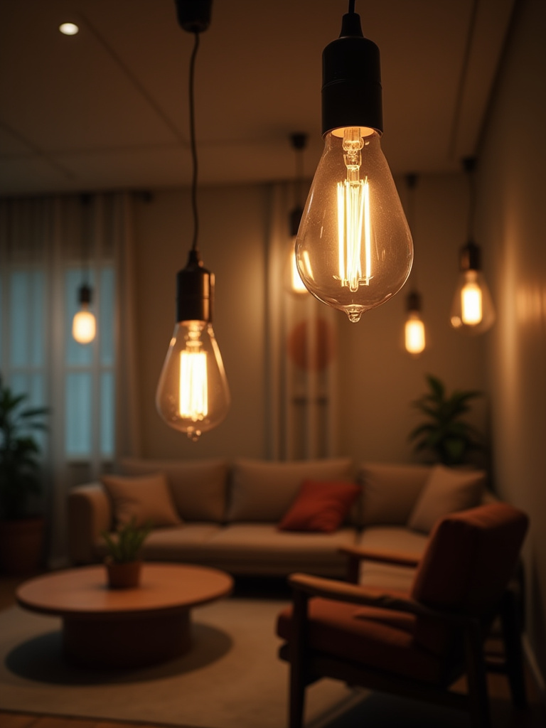 A well-lit living room featuring energy-efficient LED bulbs in stylish fixtures.