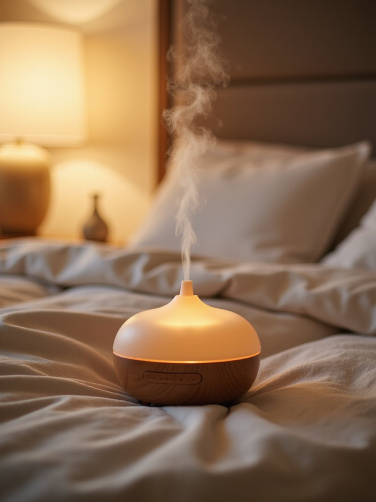 Ultrasonic diffuser emitting calming essential oils in a serene bedroom setting