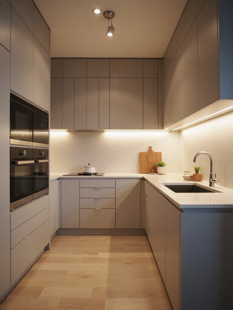 Minimalistic kitchen with integrated smart home technology and hidden appliances.