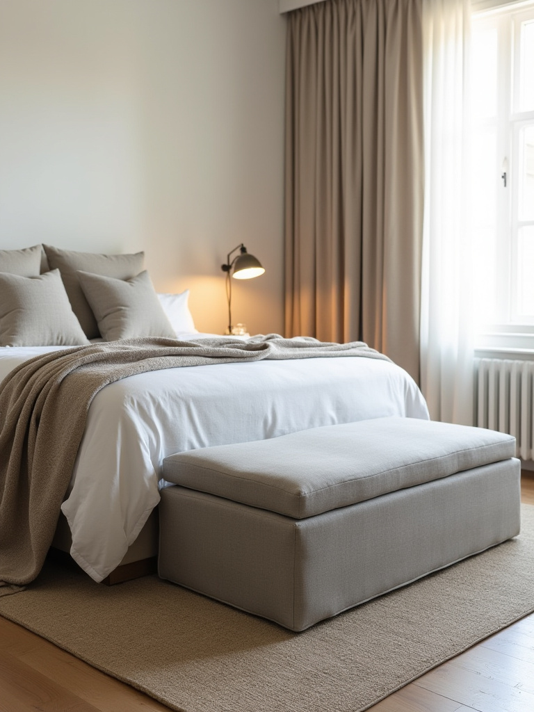 Minimalist bedroom with a multi-functional ottoman featuring discreet storage at the foot of the bed.