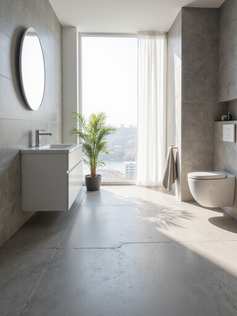 Modern bathroom with large format tiles on the floor, showcasing seamless design.