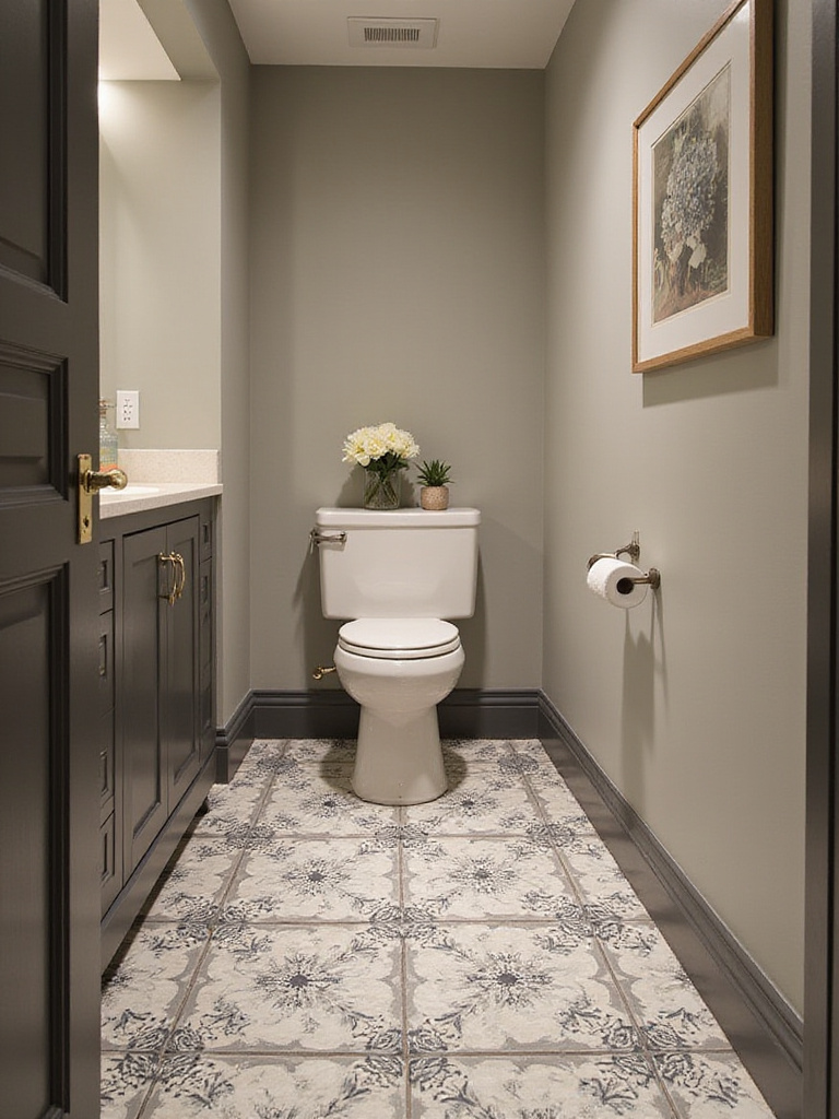 Elegant patterned floor tiles in a small powder room with ambient lighting.