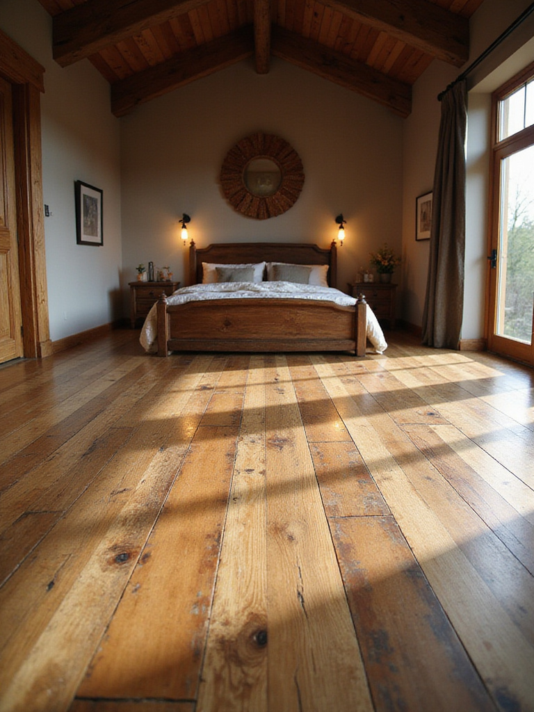 Rustic bedroom with wide plank wood flooring, showcasing natural light and warm decor
