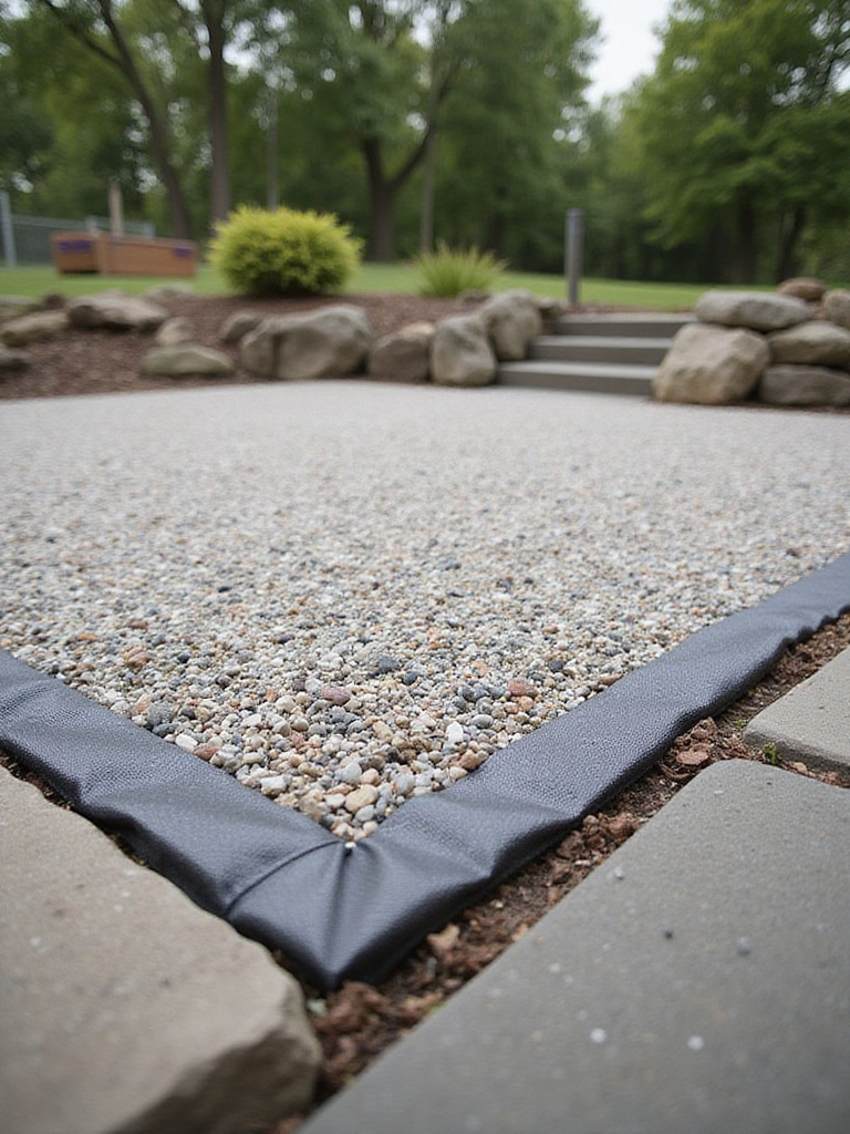 Gravel base prepared for a stylish patio deck, showcasing layers of gravel and landscape fabric.