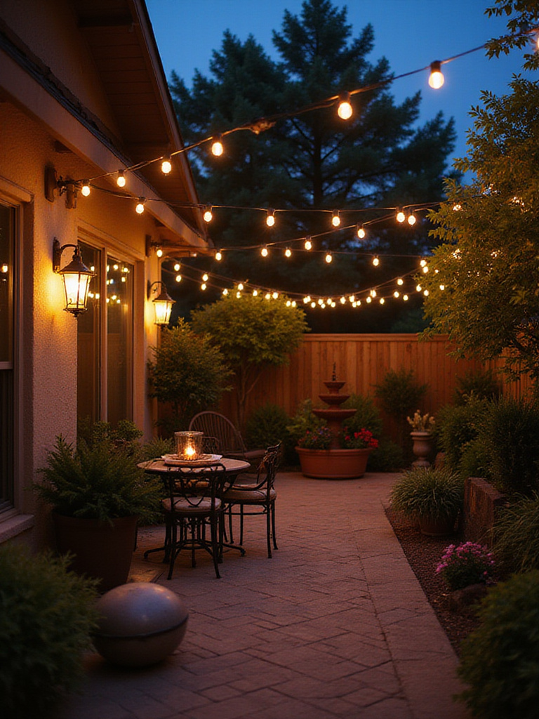 Layered patio lighting setup creating an inviting ambiance.
