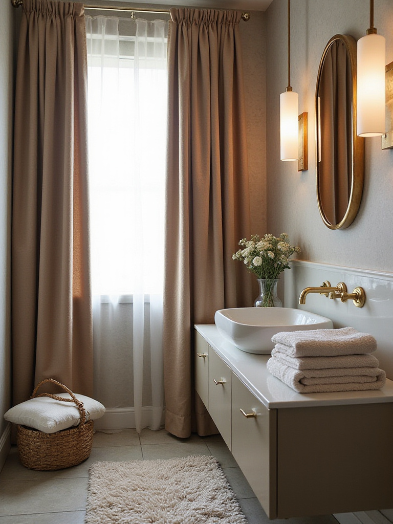 Luxurious textiles in a stylish powder room with velvet curtains and plush towels.
