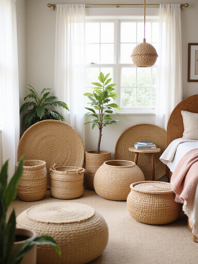 A boho bedroom with woven baskets of various sizes and textures, showcasing stylish storage solutions.