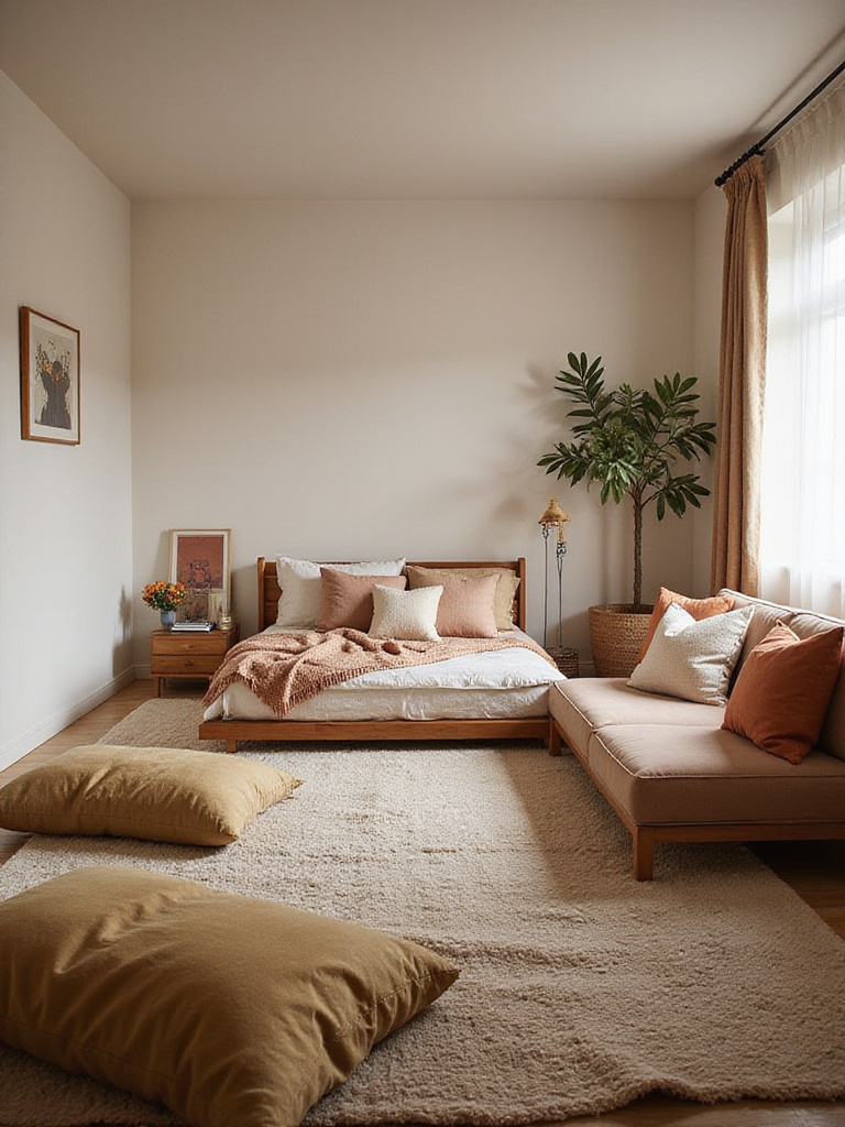 Boho bedroom with low-profile furniture and cozy textiles