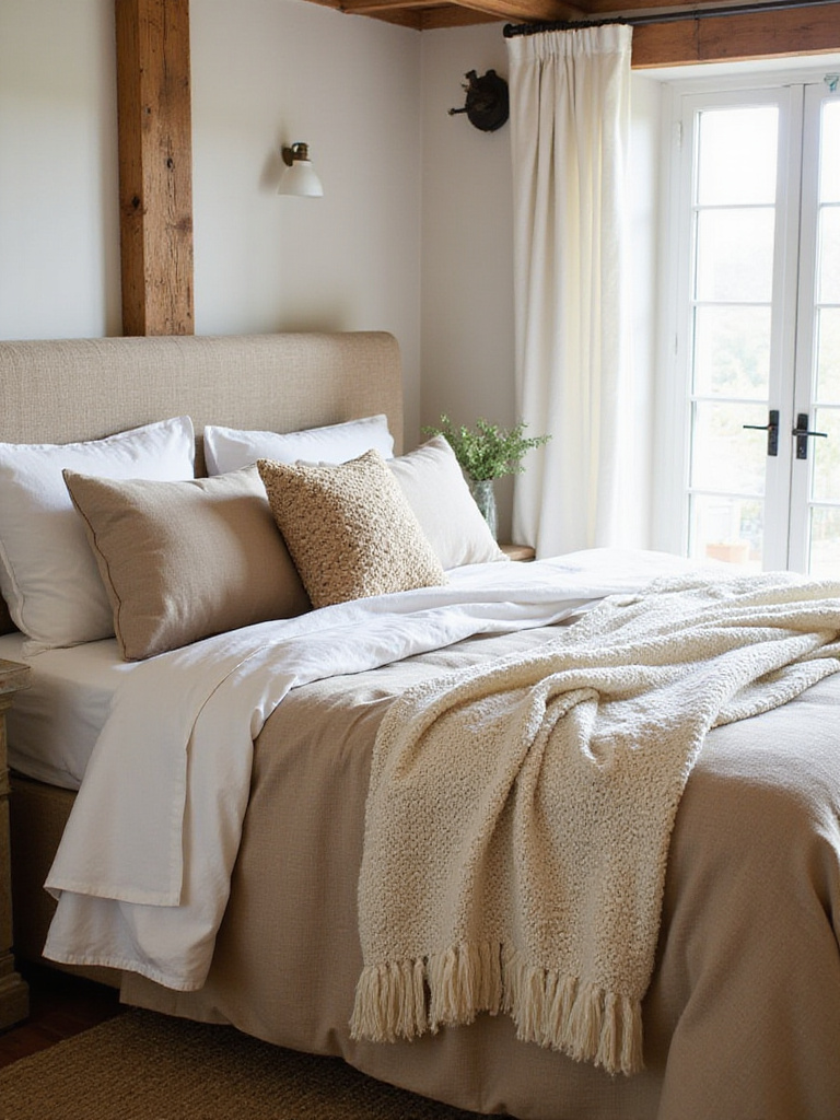 Rustic bedroom featuring layered natural fiber bedding with organic cotton sheets, linen duvet, and chunky knit throw