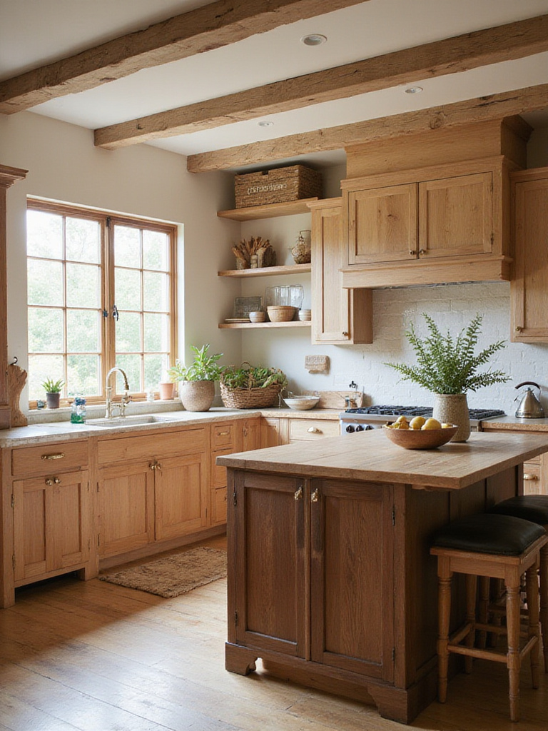 Farmhouse kitchen with layered natural wood tones, showcasing oak, walnut, and barn wood elements.