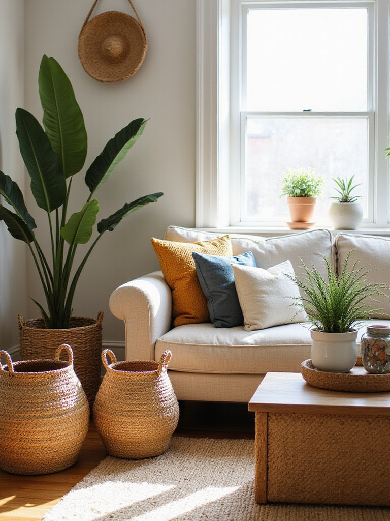 Bohemian living room with woven baskets for storage
