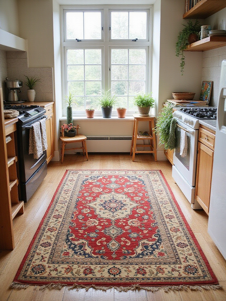 Cozy kitchen with layered jute and Persian rugs