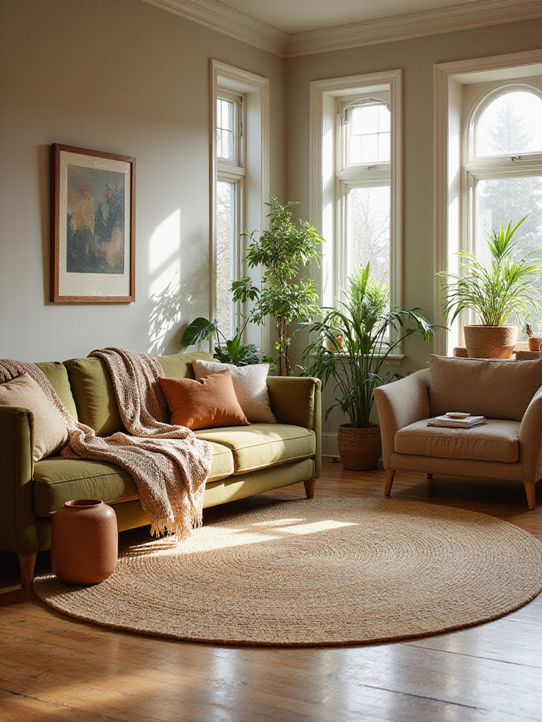 Serene bohemian living room with warm earthy color palette