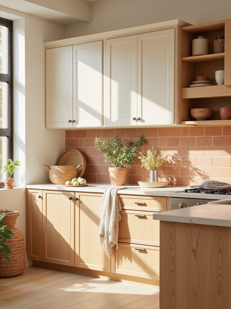 Warm earthy color palette kitchen with natural materials and terracotta tiles.