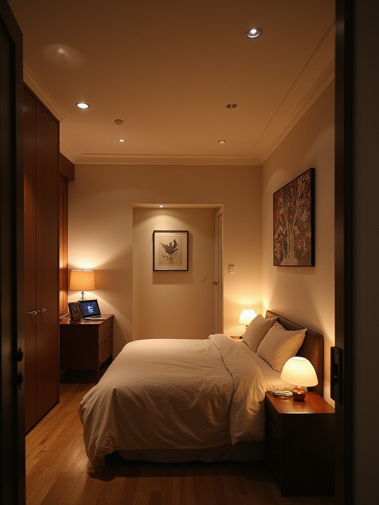 Modern bedroom with layered lighting techniques, showcasing ambient, task, and accent lighting.