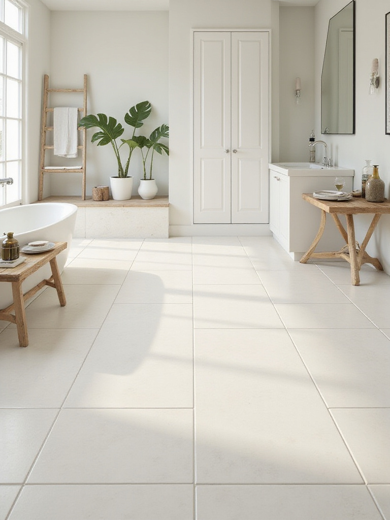 A serene bathroom with light-colored, matte tiles creating a peaceful vibe.