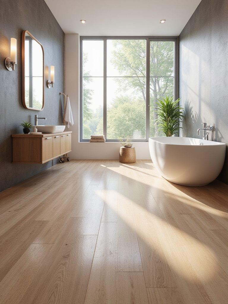 Modern bathroom featuring water-resistant luxury vinyl plank flooring in warm wood finish.