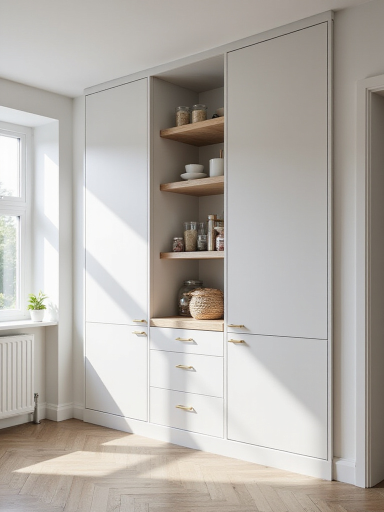 Minimalistic kitchen with floor-to-ceiling cabinets and open shelves showcasing vertical storage solutions.