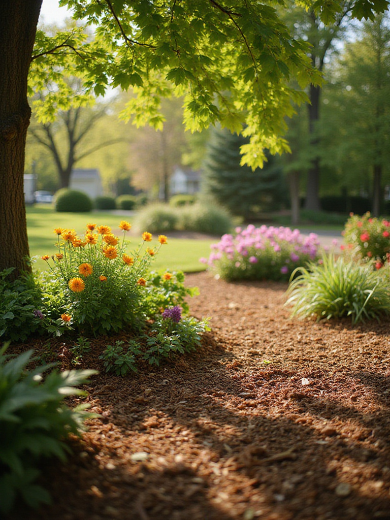 A beautifully mulched flower bed with vibrant plants and sunlight.