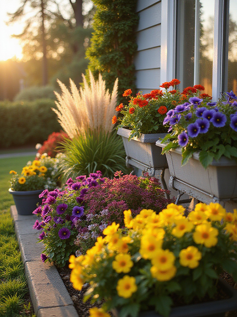 Vibrant front yard with seasonal plant swaps showcasing colorful flowers in containers.