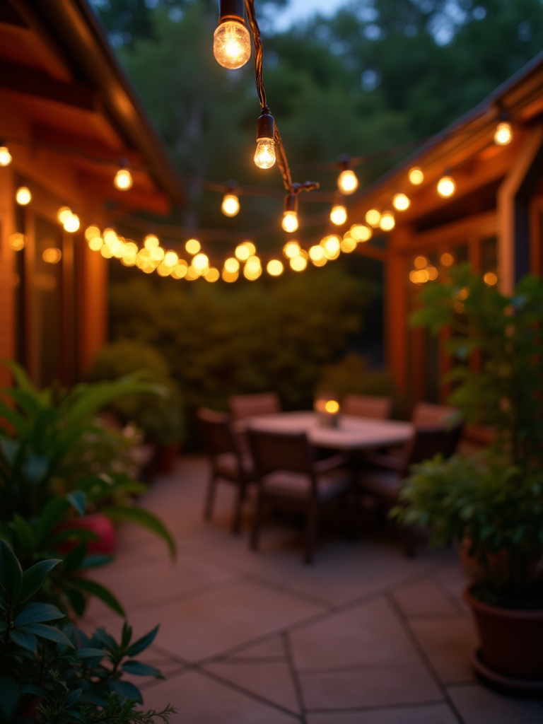 A cozy outdoor patio with glowing string lights, showcasing the importance of routine maintenance for longevity.