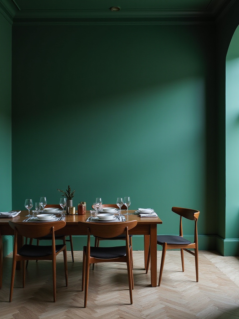 Elegant dining room with a deep emerald green feature wall behind a wooden dining table.
