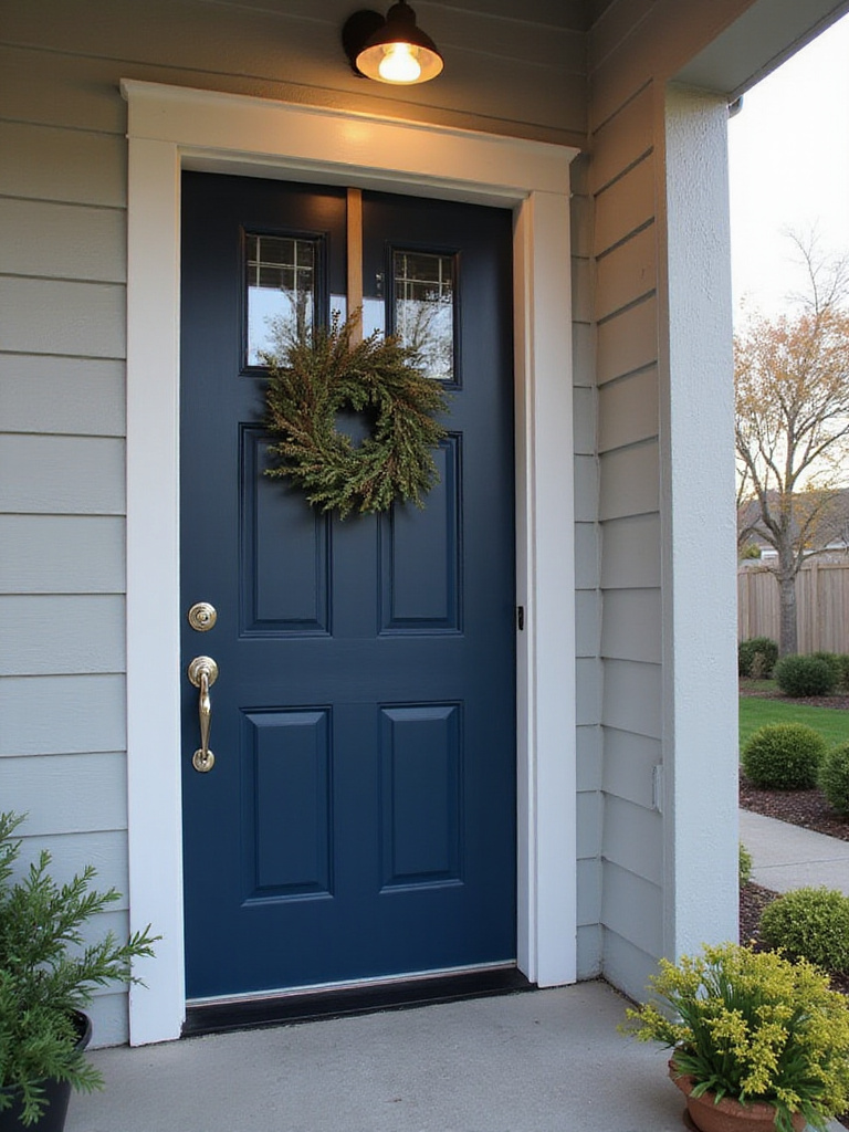 Stylish front door refresh with navy blue paint and polished chrome hardware