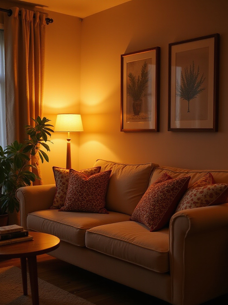 Living room with warm lighting showcasing different bulb color temperatures.