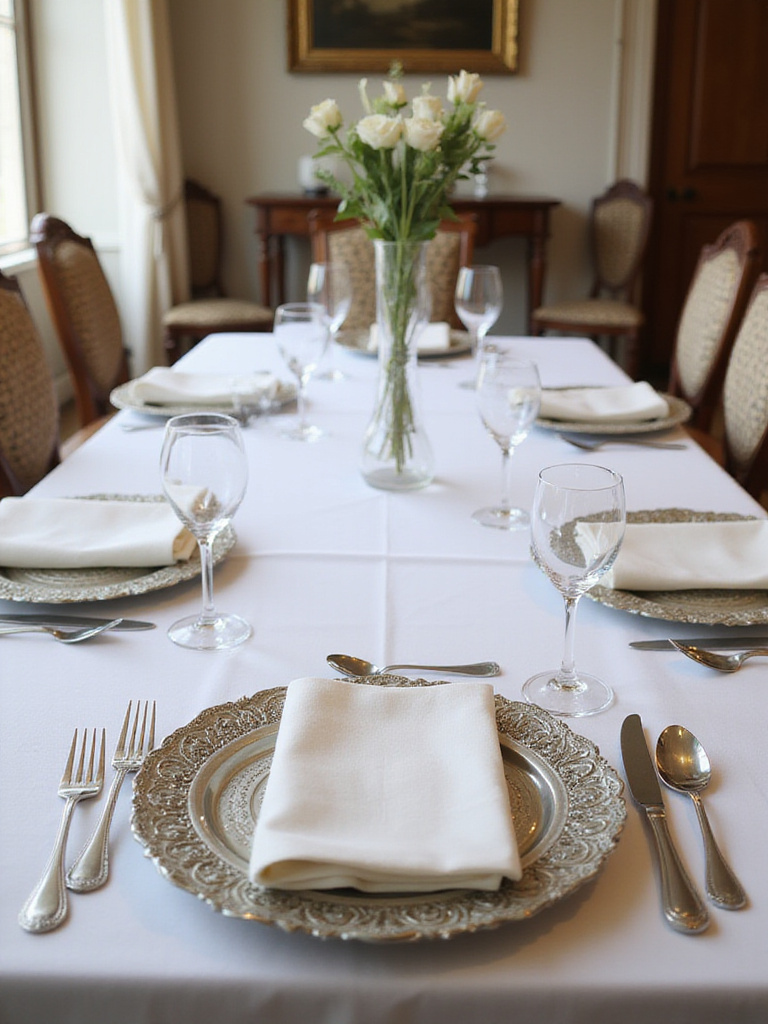 Elegant formal dining table setting with white linens, charger plates, and glassware.