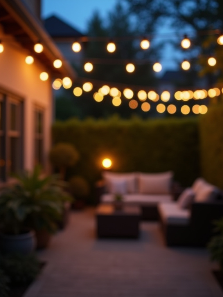 Professional outdoor patio setup with securely installed string lights, showcasing a warm ambiance.