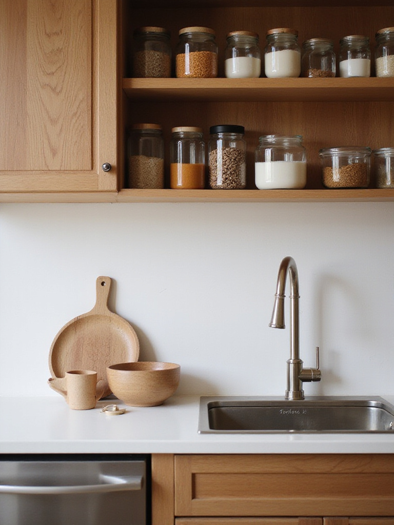 Organized minimalist kitchen with essential cooking tools and clear storage containers