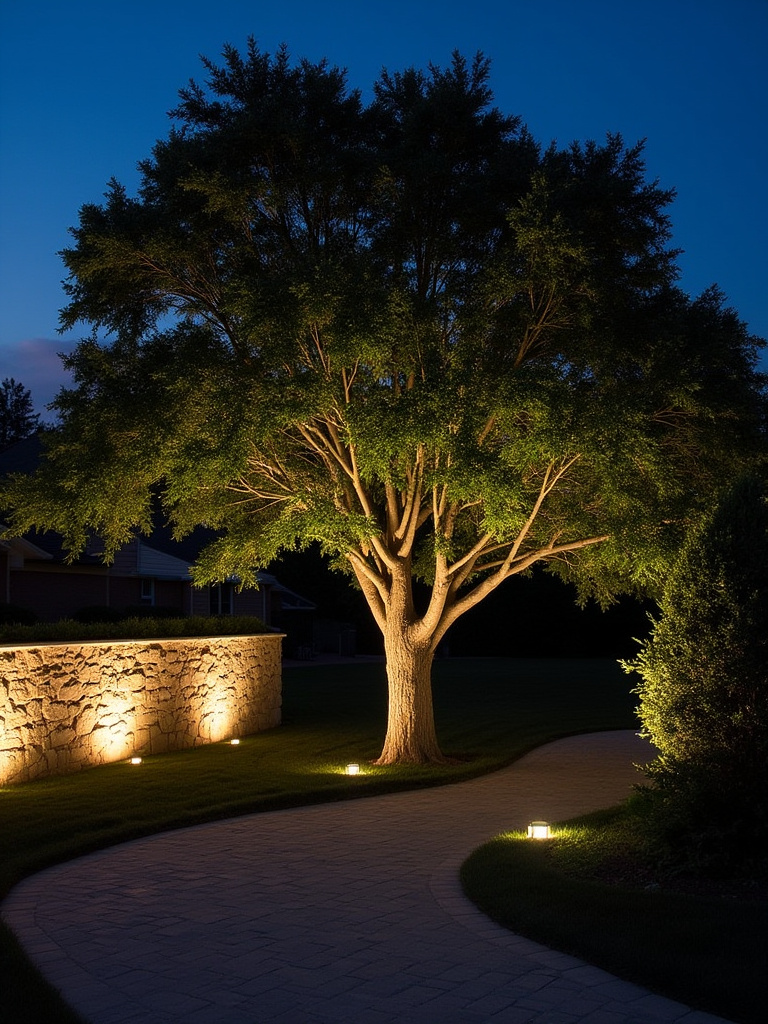 Strategic uplighting techniques illuminating an oak tree and stone wall in a beautifully landscaped outdoor space at dusk.