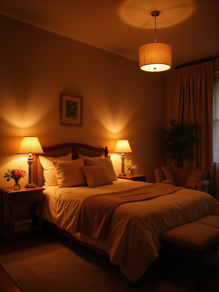 A romantic bedroom with dimmable lighting creating a cozy atmosphere.