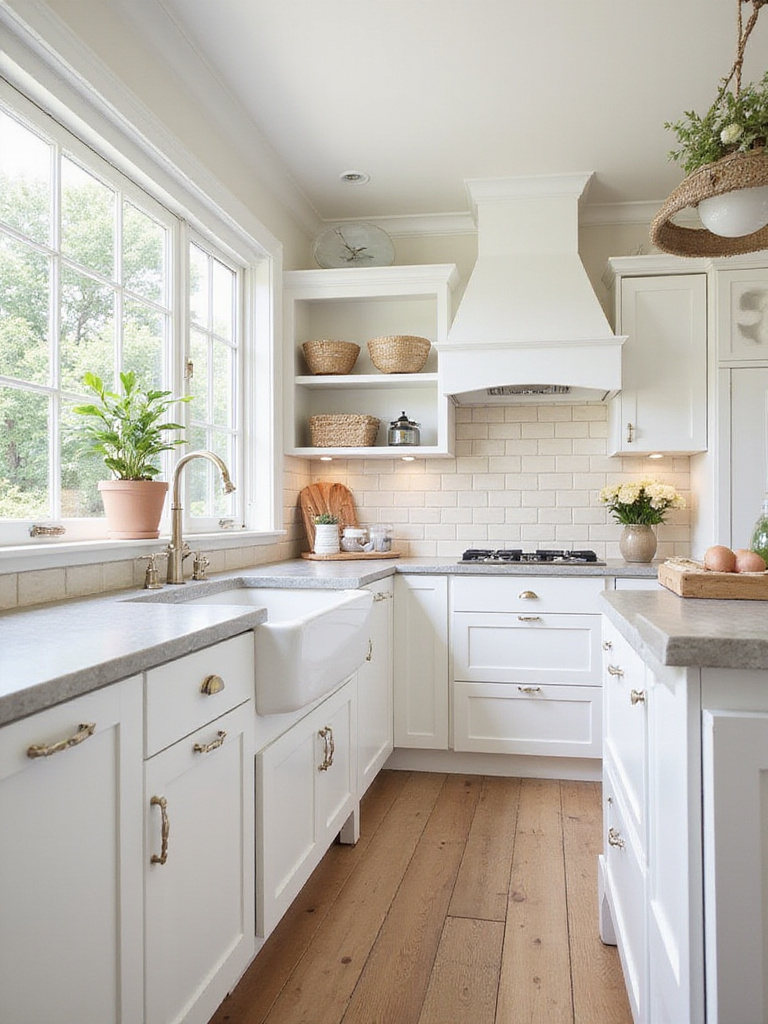 Farmhouse kitchen with classic white and neutral color palette featuring cabinets, countertops, and backsplash.