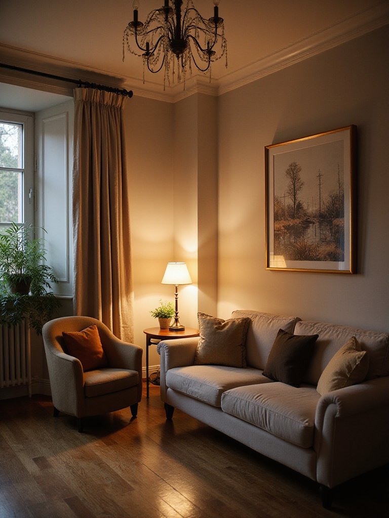 Living room showcasing three layers of lighting: ambient, task, and accent.