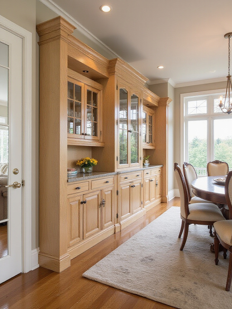 Custom integrated buffet cabinetry in a spacious dining room with elegant design and natural lighting.