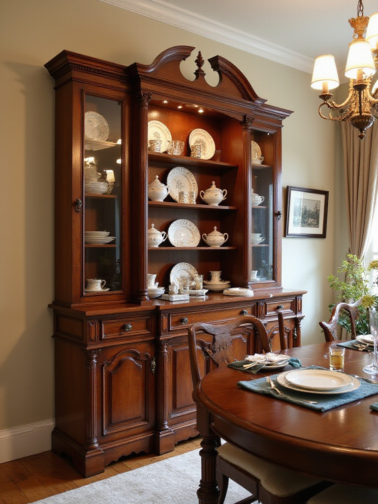 Traditional dining room with a functional buffet showcasing elegant china and silverware.